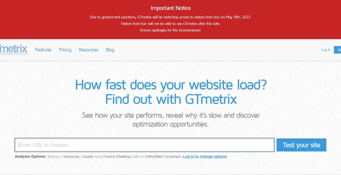 Gtmetrix ابزاری که برای سنجش سرعت و عملکرد سایت بود کاربران ایرانی را تحریم کرد